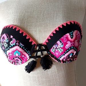BIKINI SWIMSUIT TOP Uplift by CATALINA Paisley Pink Stitching and Tassel